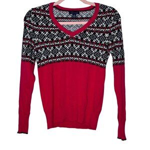 Tommy Hilfiger Women's V-Neck Sweater S Red & Black Fair Isle Knit